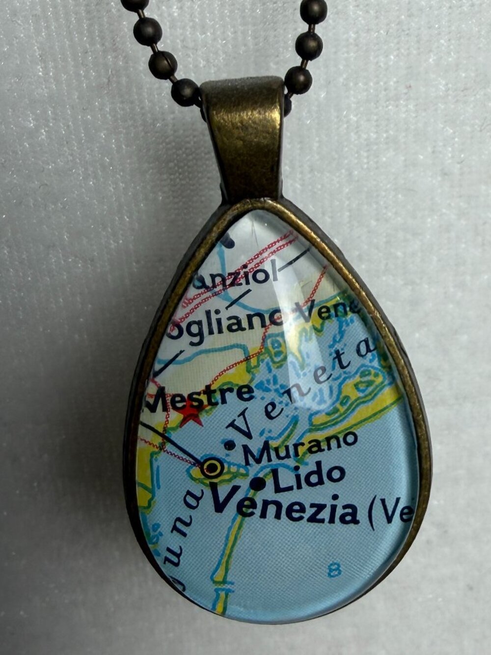 Teardrop Shaped Glass Cabochon Venice Italy Antique Map Pendant Necklace Brass
